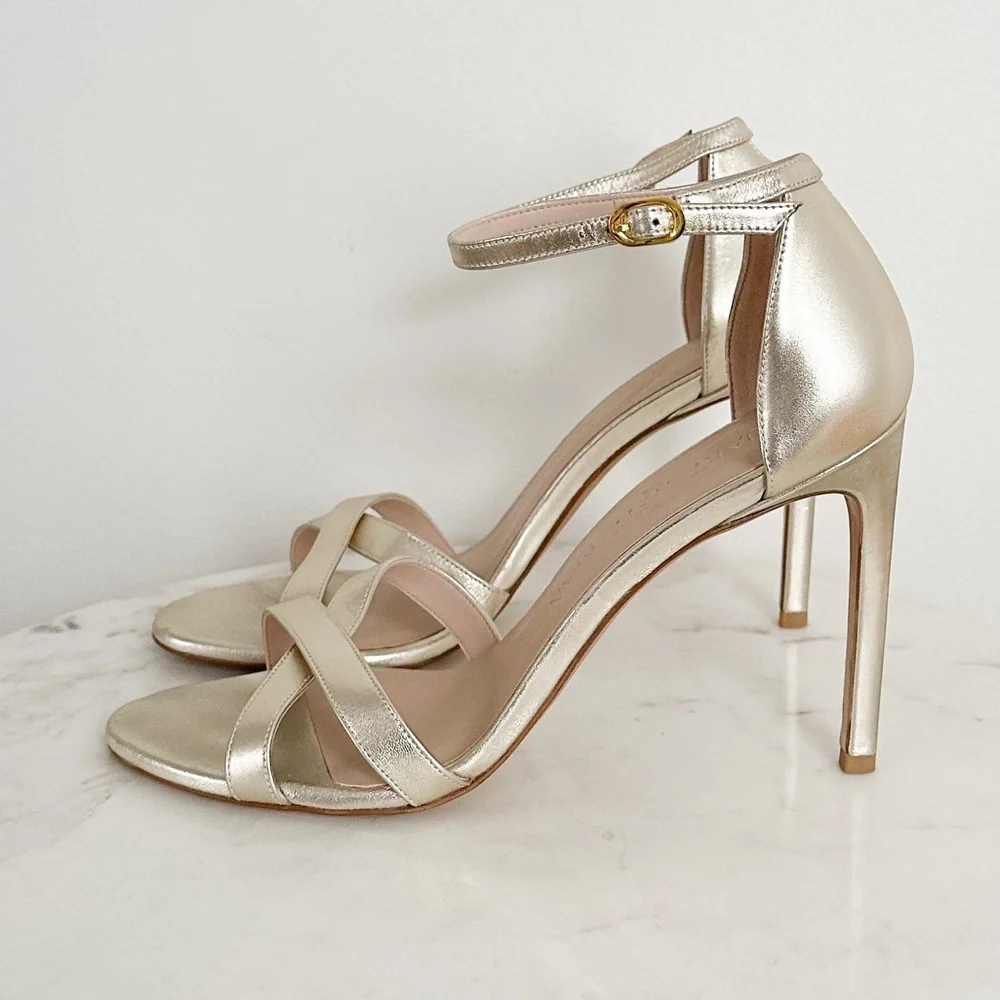 NEW Stuart Weitzman Nudistsong Metallic Cross Ankle Strap Sandals Size 11